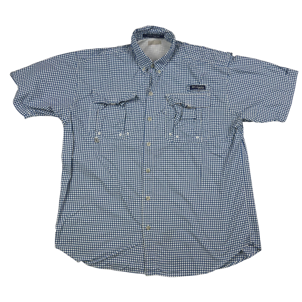 Columbia PFG Super Bahama Fishing Shirt Mens XL Blue Gingham Mesh Vented